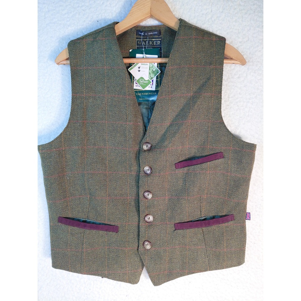 Walker and Hawkes Derby Tweed Waistcoat Green Plaid Vest Made in England NEW
